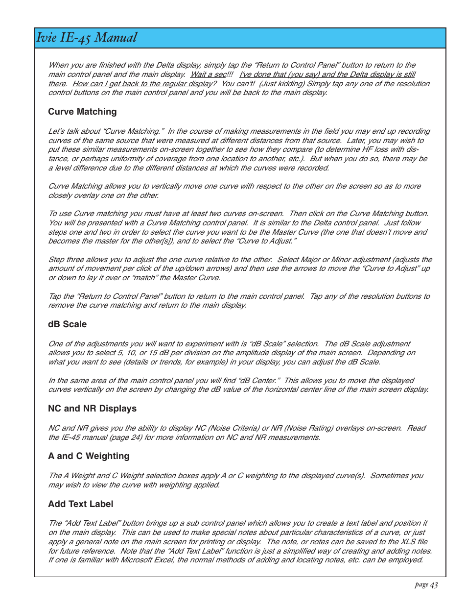 Ivie ie-45 manual, Appendix iii: iviexls-45 | Ivie IE-45 RTA - Real Time Analysis User Manual | Page 43 / 48