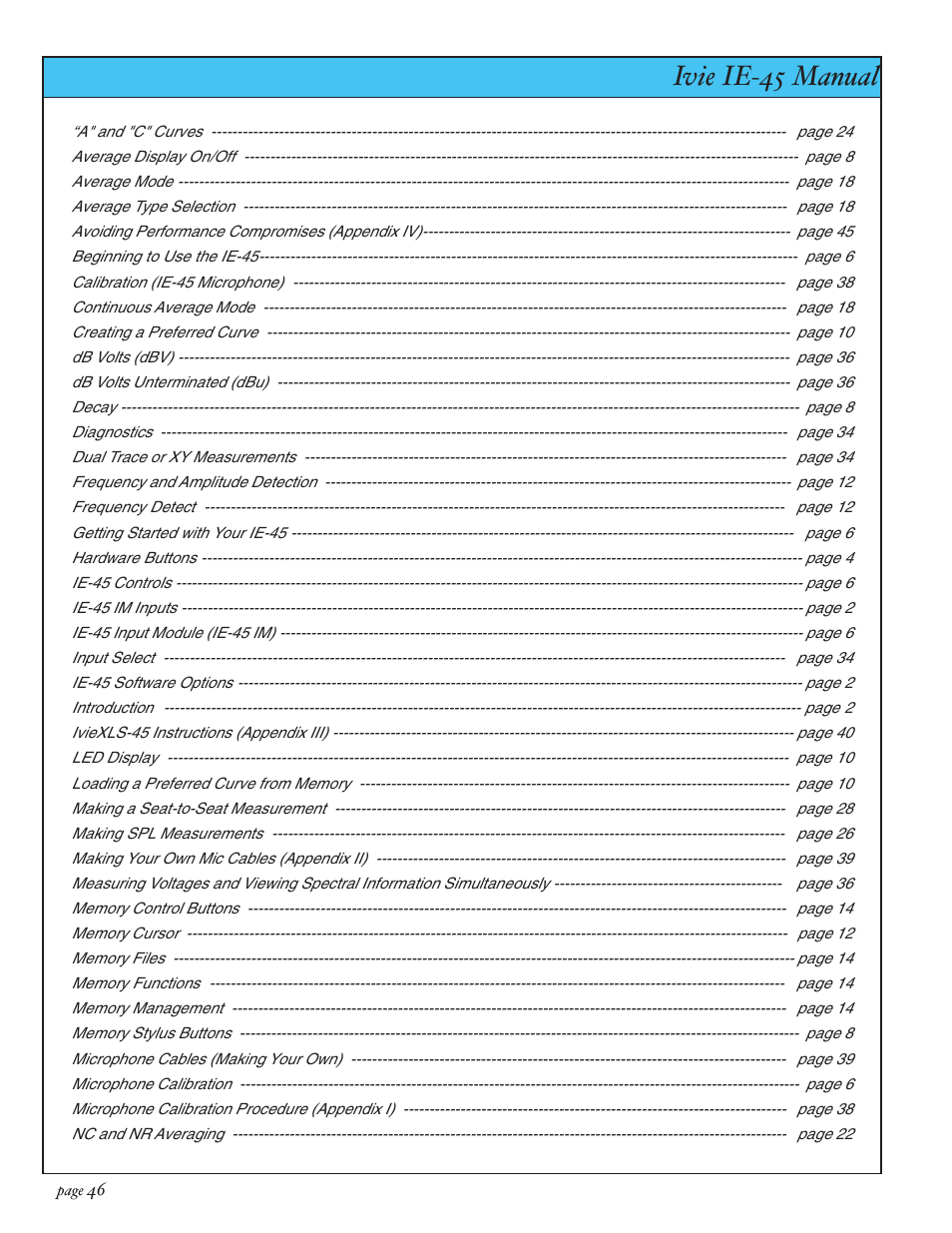 Ivie ie-45 manual, Index | Ivie IE-45 RTA - Real Time Analysis User Manual | Page 46 / 48