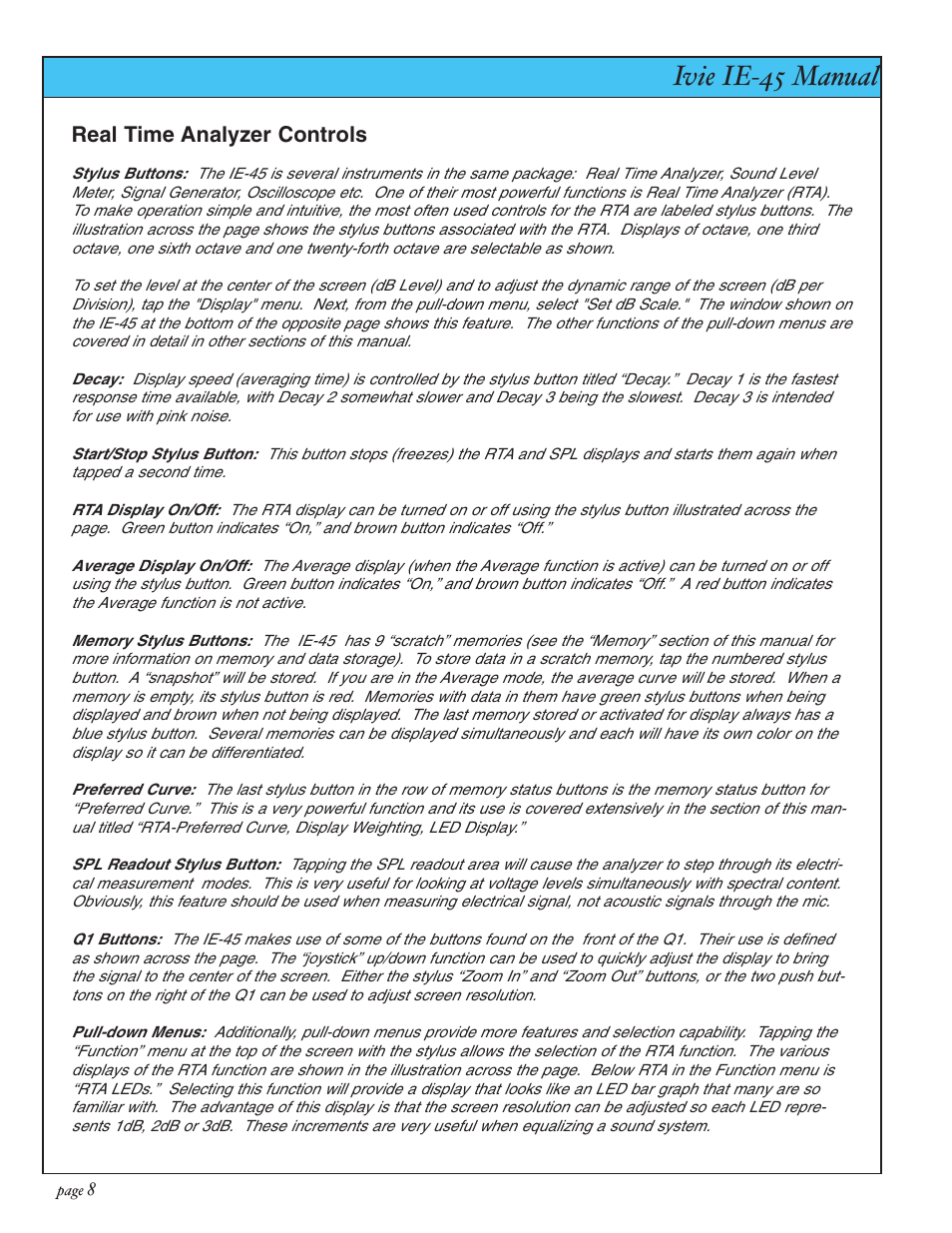 Ivie ie-45 manual, Real time analyzer controls | Ivie IE-45 RTA - Real Time Analysis User Manual | Page 8 / 48