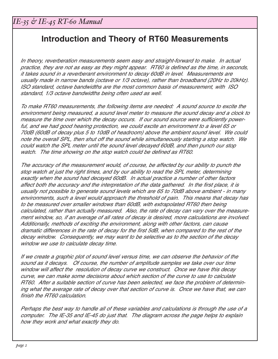 Introduction and theory of rt60 measurements | Ivie IE-45 RT60 - Reverberation Time Analysis User Manual | Page 2 / 8