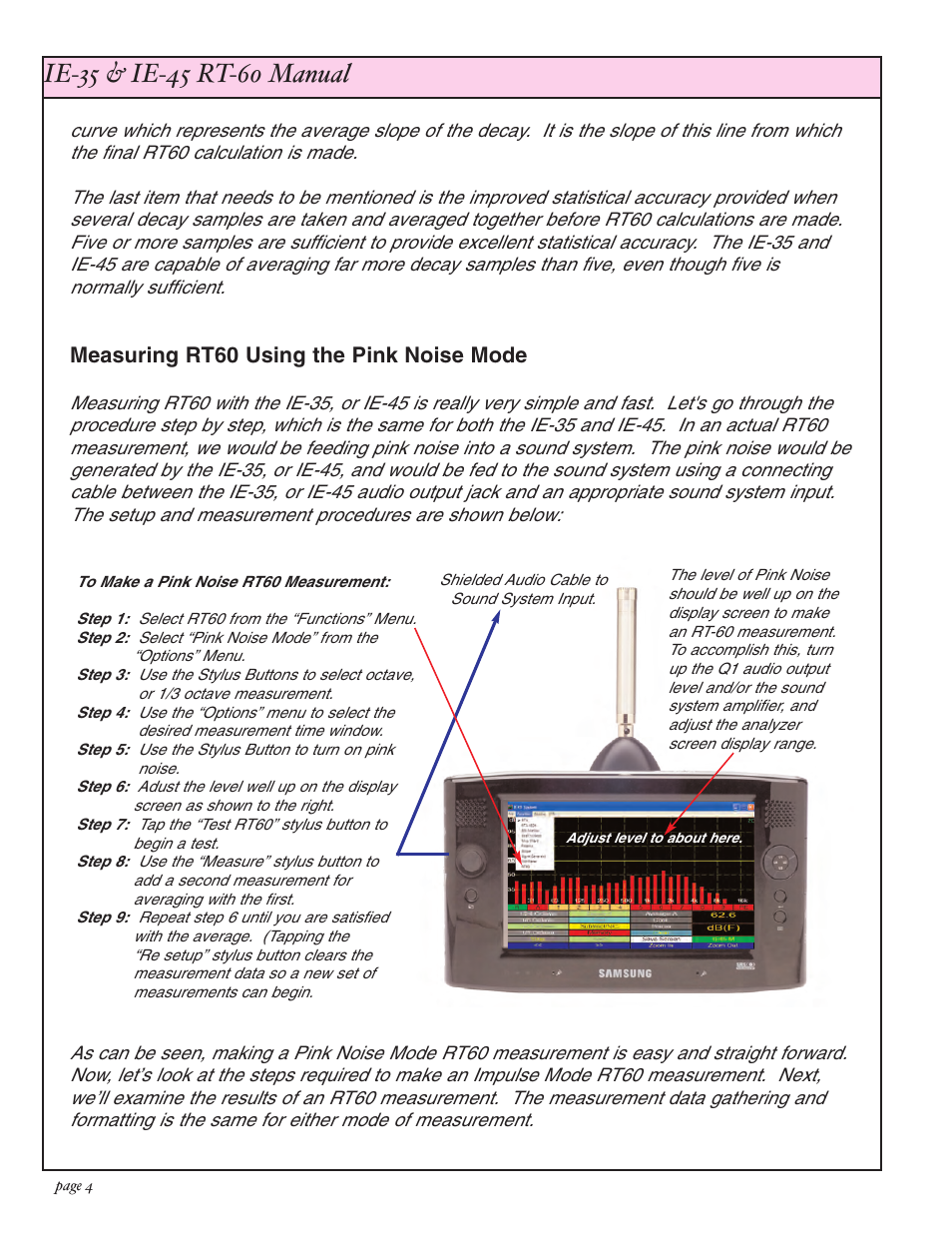 Measuring rt60 using the pink noise mode | Ivie IE-45 RT60 - Reverberation Time Analysis User Manual | Page 4 / 8