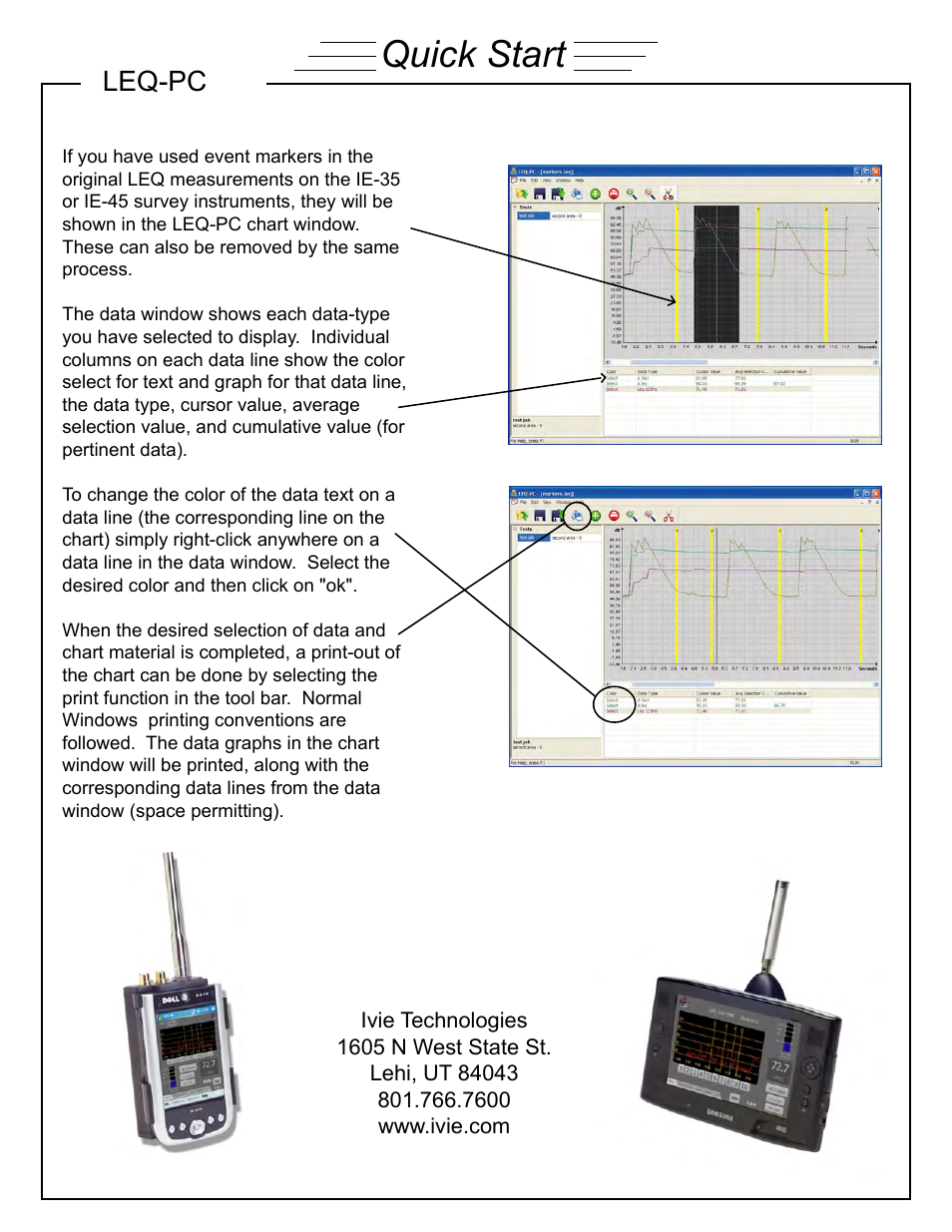 Quick start, Leq-pc | Ivie LEQ-PC -- Companion for Analysis on PC User Manual | Page 4 / 4