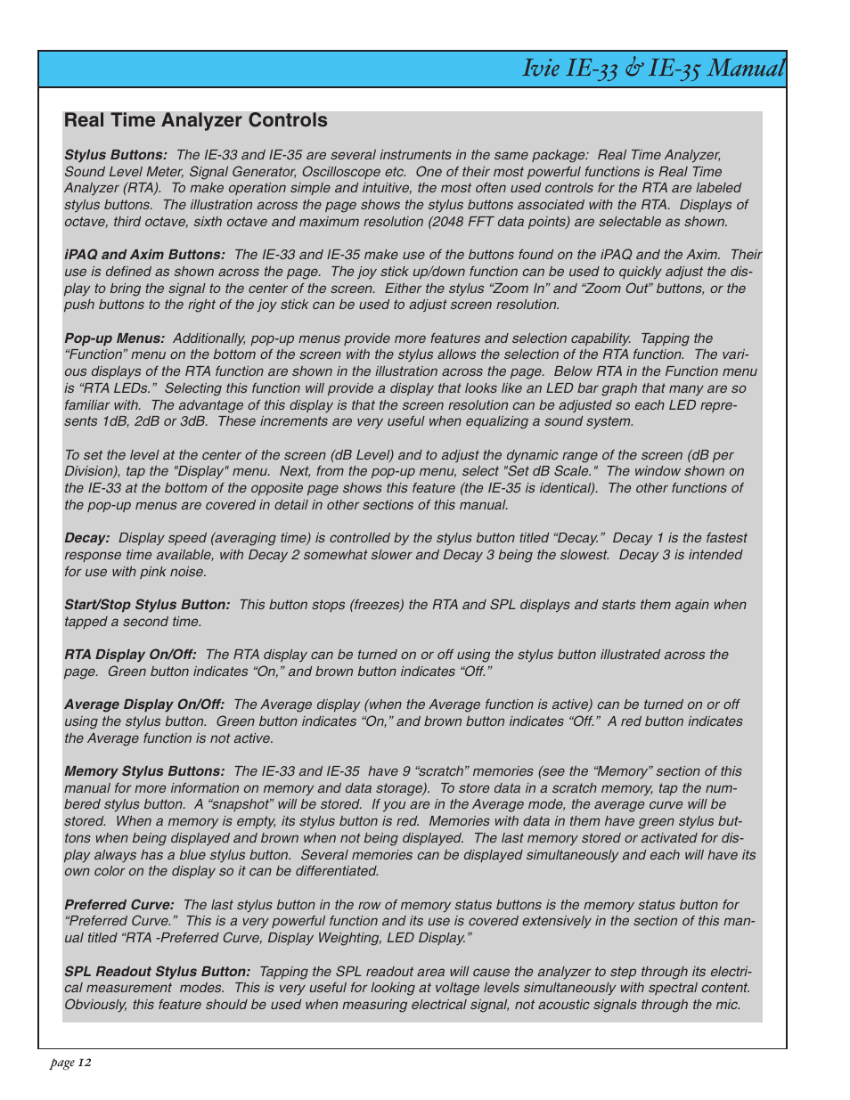 Ivie ie-33 & ie-35 manual, Real time analyzer controls | Ivie IE-35 RTA - Real Time Analysis User Manual | Page 12 / 51