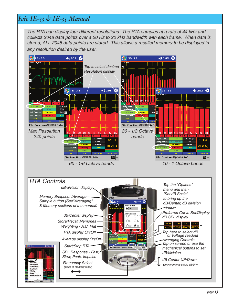 Ivie ie-33 & ie-35 manual, Real time analyzer controls, Rta controls | Ivie IE-35 RTA - Real Time Analysis User Manual | Page 13 / 51