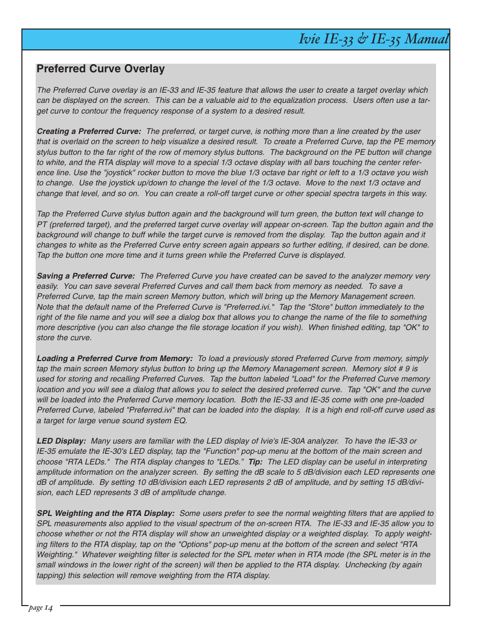 Ivie ie-33 & ie-35 manual, Pref. curve, led display, weighting, Preferred curve overlay | Ivie IE-35 RTA - Real Time Analysis User Manual | Page 14 / 51