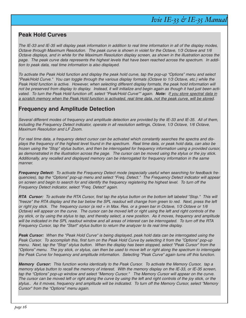 Ivie ie-33 & ie-35 manual, Rta: peak curves, freq. detection | Ivie IE-35 RTA - Real Time Analysis User Manual | Page 16 / 51