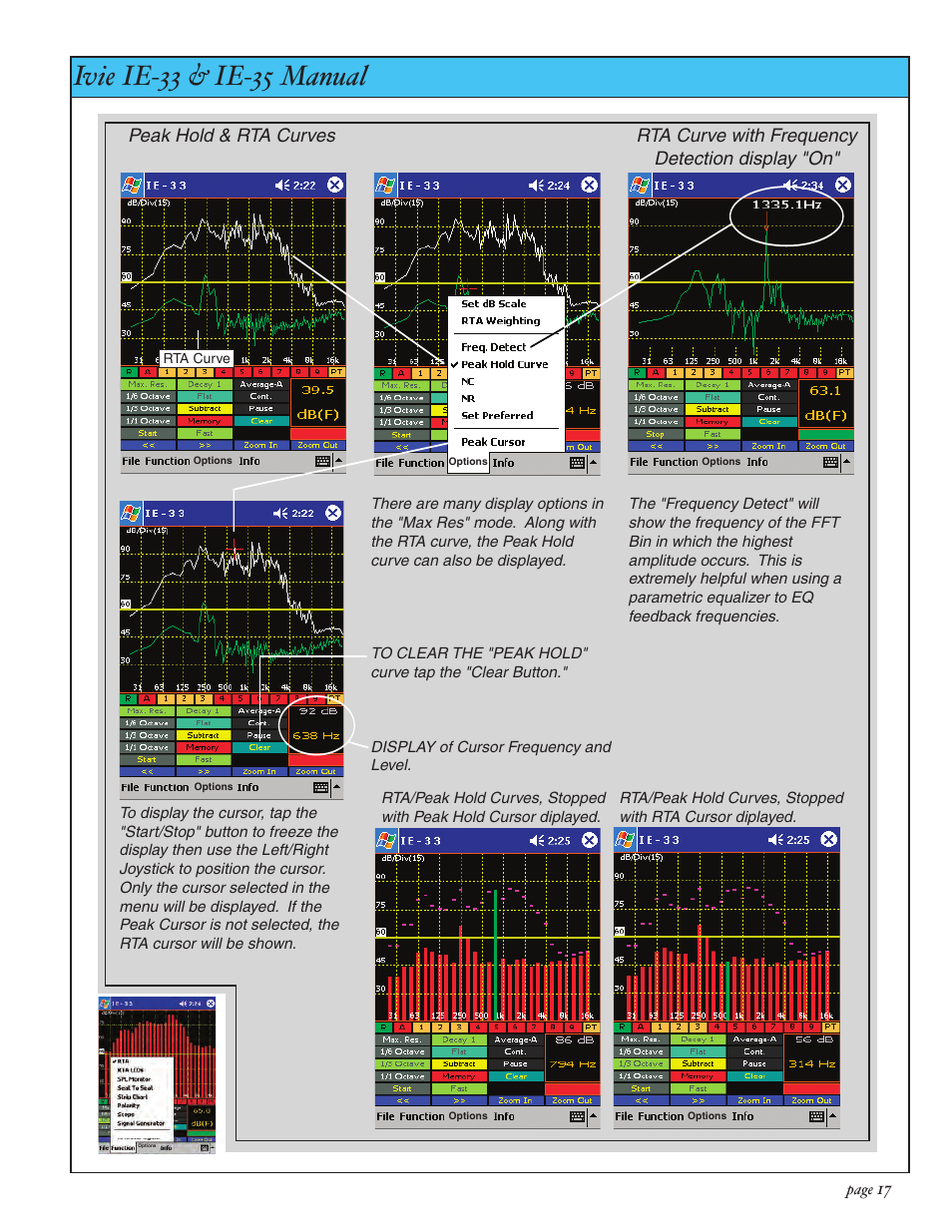 Ivie ie-33 & ie-35 manual, Rta: peak curves, freq. detection | Ivie IE-35 RTA - Real Time Analysis User Manual | Page 17 / 51