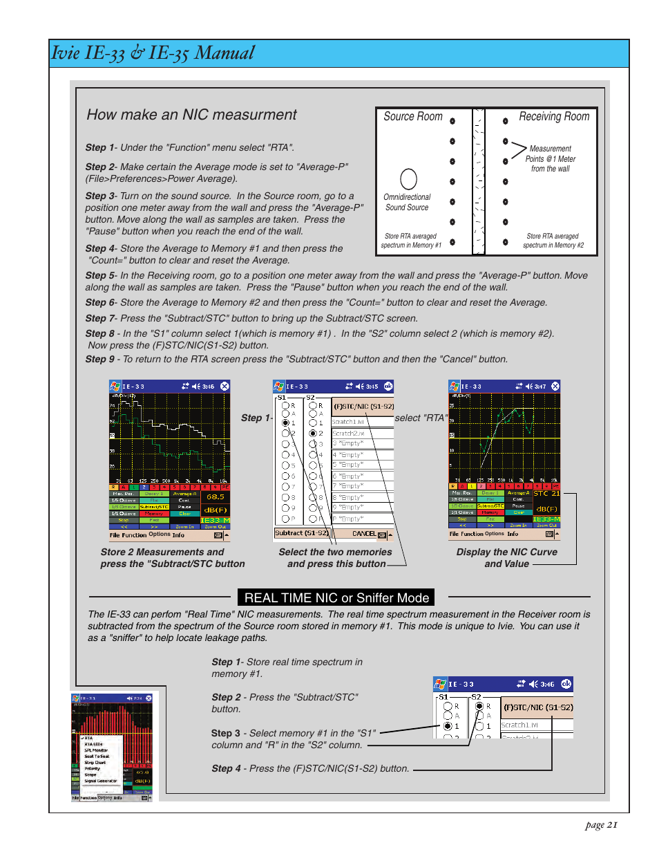 Ivie ie-33 & ie-35 manual, Nic and (f)stc measurements, How make an nic measurment | Real time nic or sniffer mode | Ivie IE-35 RTA - Real Time Analysis User Manual | Page 21 / 51