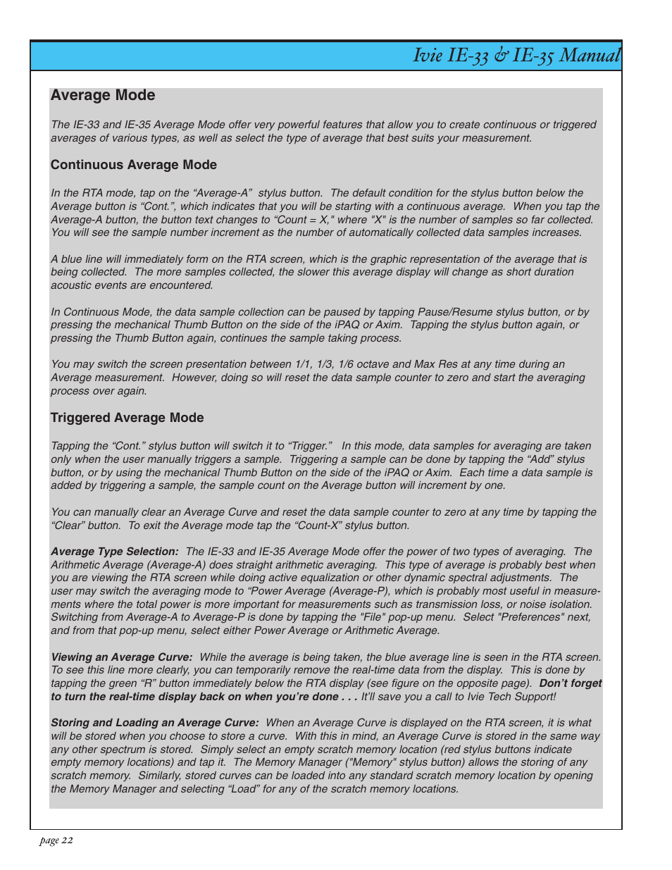 Ivie ie-33 & ie-35 manual, Rta: average mode, Average mode | Ivie IE-35 RTA - Real Time Analysis User Manual | Page 22 / 51