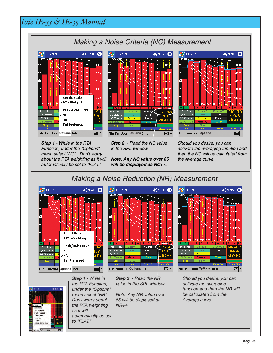 Ivie ie-33 & ie-35 manual, Rta: noise criteria & noise rating, Making a noise criteria (nc) measurement | Making a noise reduction (nr) measurement | Ivie IE-35 RTA - Real Time Analysis User Manual | Page 25 / 51