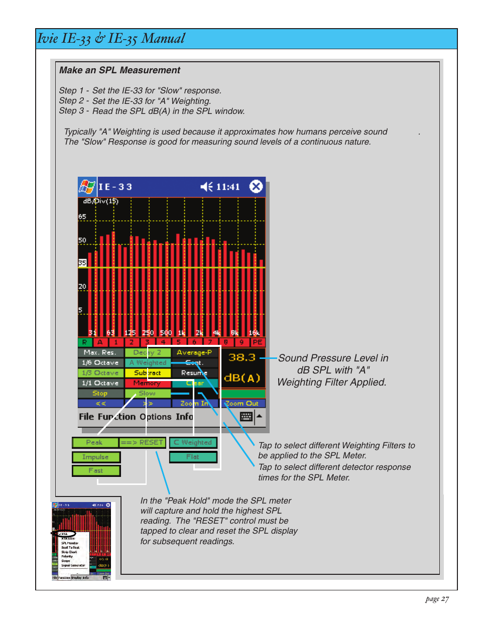 Ivie ie-33 & ie-35 manual, Sound pressure level (spl) | Ivie IE-35 RTA - Real Time Analysis User Manual | Page 27 / 51