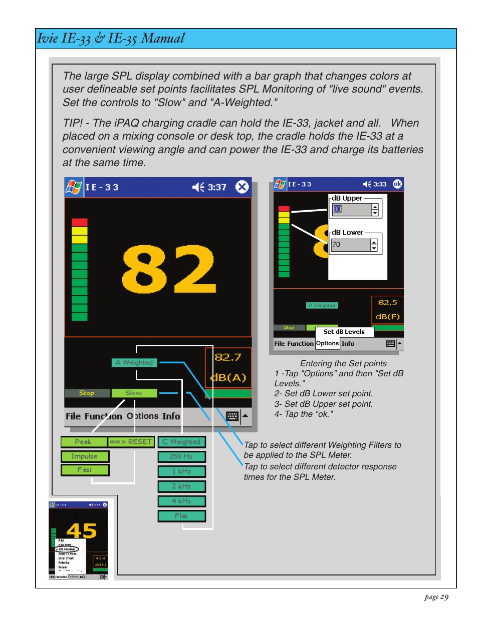 Ivie ie-33 & ie-35 manual, Sound pressure level (spl) monitor | Ivie IE-35 RTA - Real Time Analysis User Manual | Page 29 / 51