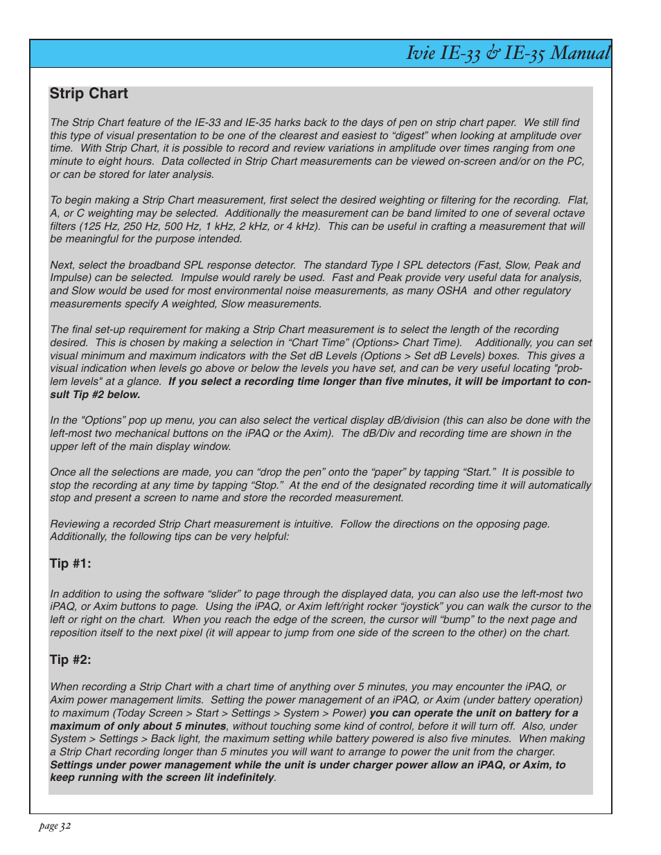 Ivie ie-33 & ie-35 manual, Strip chart recorder, Strip chart | Ivie IE-35 RTA - Real Time Analysis User Manual | Page 32 / 51