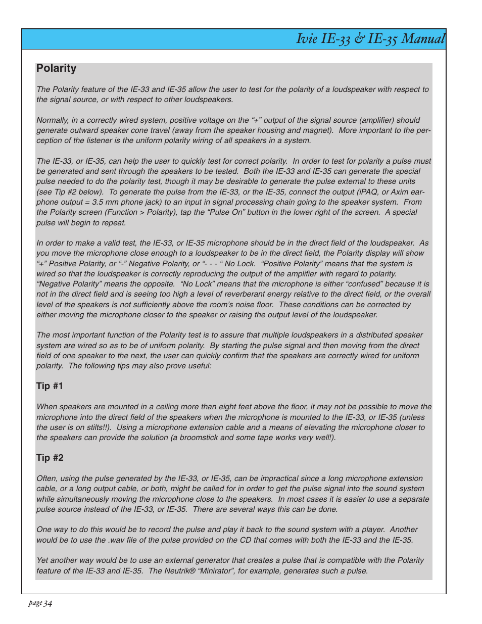 Ivie ie-33 & ie-35 manual, Polarity | Ivie IE-35 RTA - Real Time Analysis User Manual | Page 34 / 51