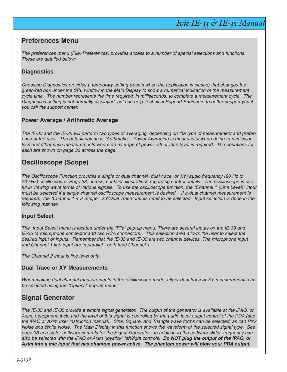 Ivie ie-33 & ie-35 manual, Preference menu, scope & sig. gen | Ivie IE-35 RTA - Real Time Analysis User Manual | Page 36 / 51