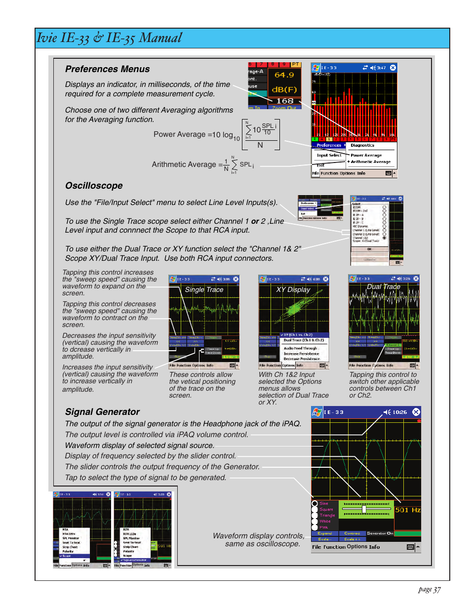 Ivie ie-33 & ie-35 manual, Preference menu, scope & sig. gen, 37 preferences menus oscilloscope signal generator | Ivie IE-35 RTA - Real Time Analysis User Manual | Page 37 / 51