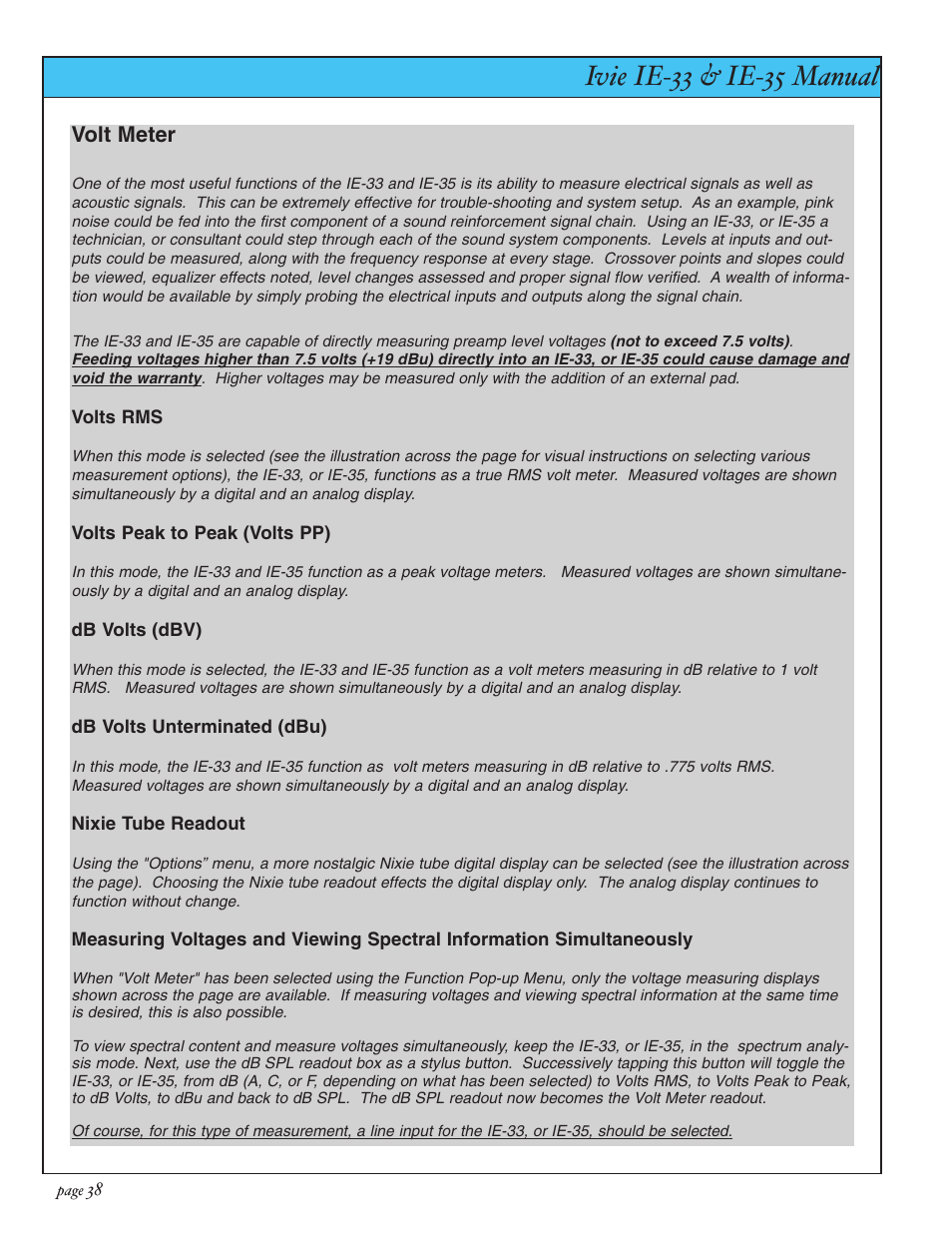 Ivie ie-33 & ie-35 manual, Volt meter | Ivie IE-35 RTA - Real Time Analysis User Manual | Page 38 / 51