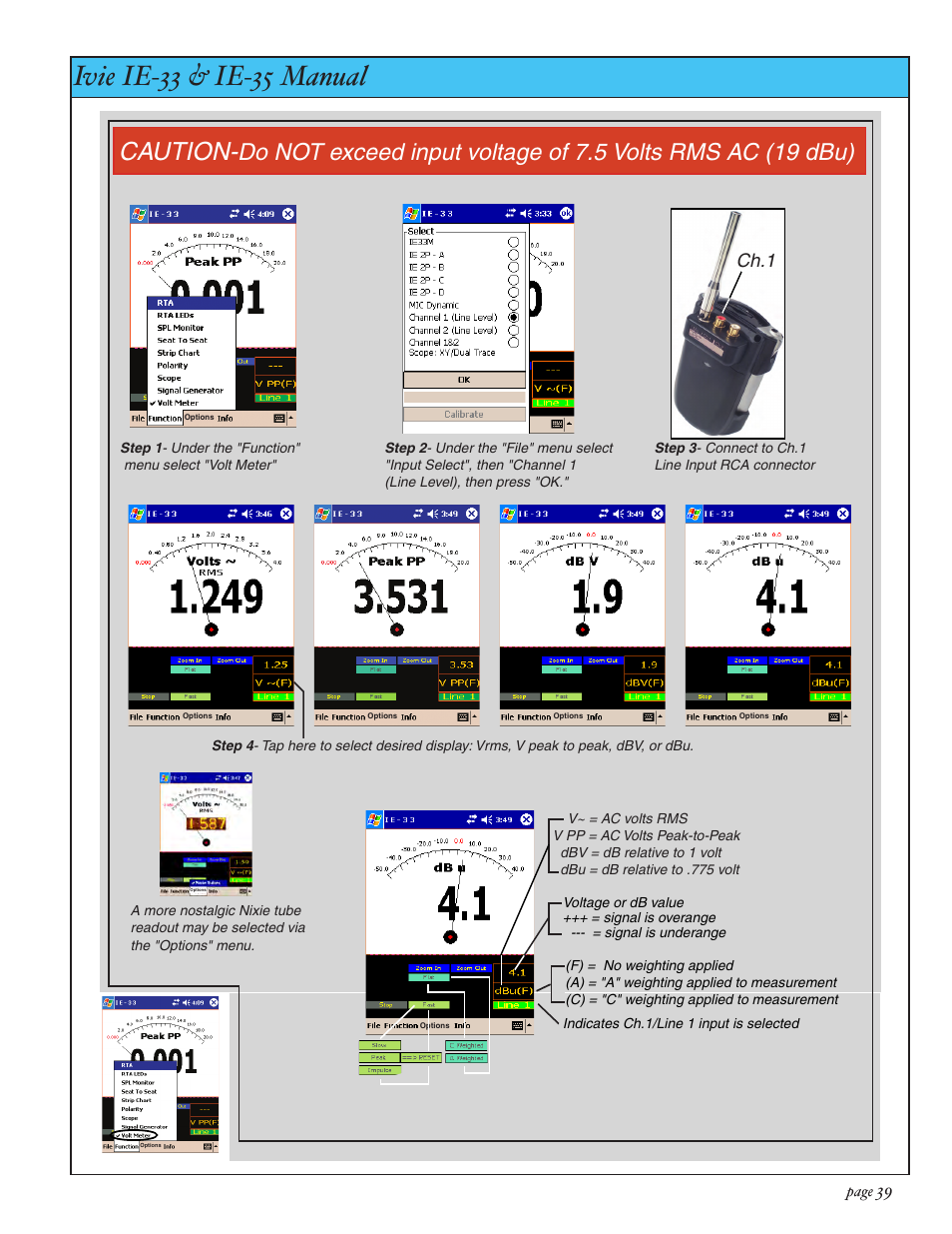 Ivie ie-33 & ie-35 manual, Volt meter, Caution | Ch.1 | Ivie IE-35 RTA - Real Time Analysis User Manual | Page 39 / 51