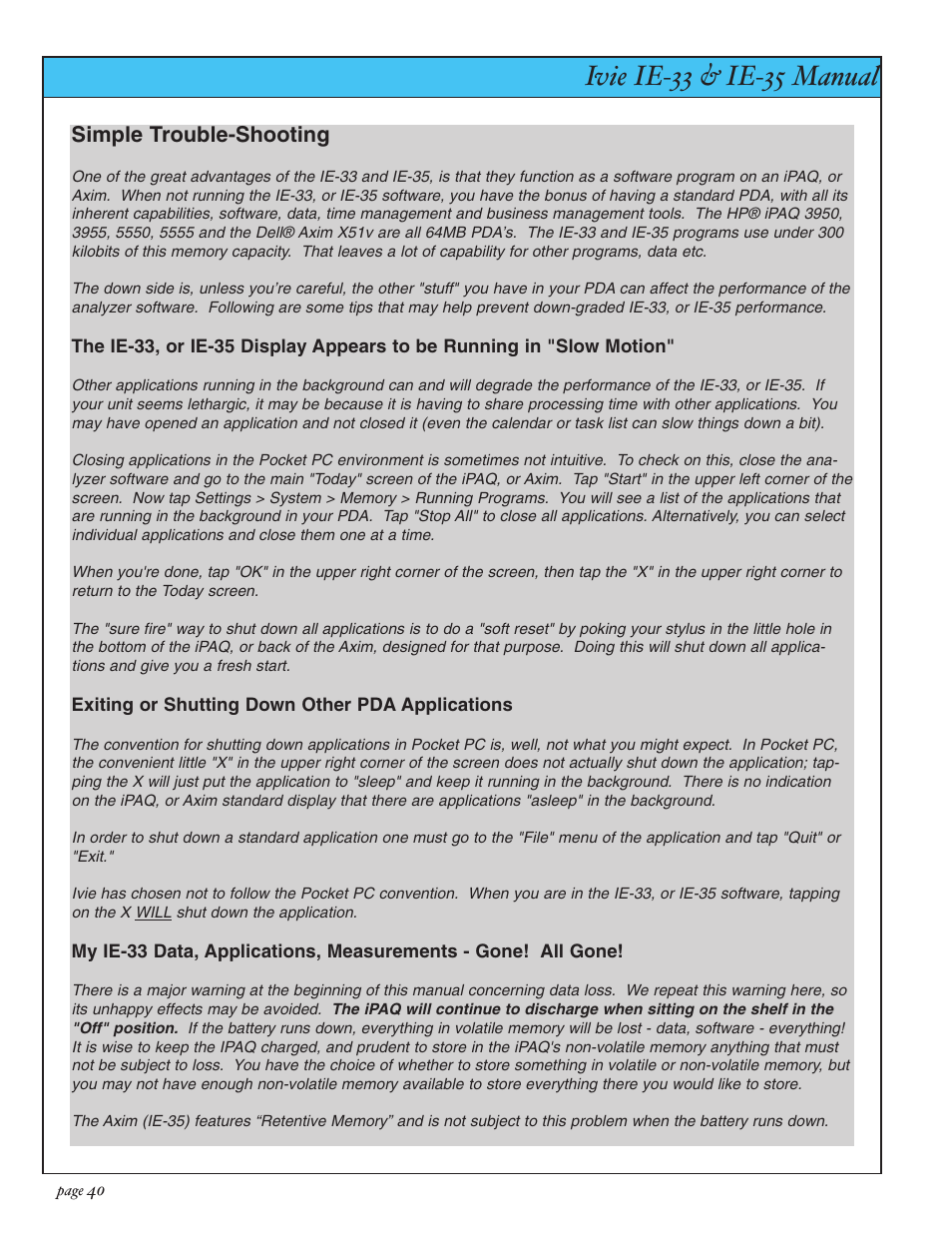 Ivie ie-33 & ie-35 manual, Appendix i: trouble-shooting, Simple trouble-shooting | Ivie IE-35 RTA - Real Time Analysis User Manual | Page 40 / 51