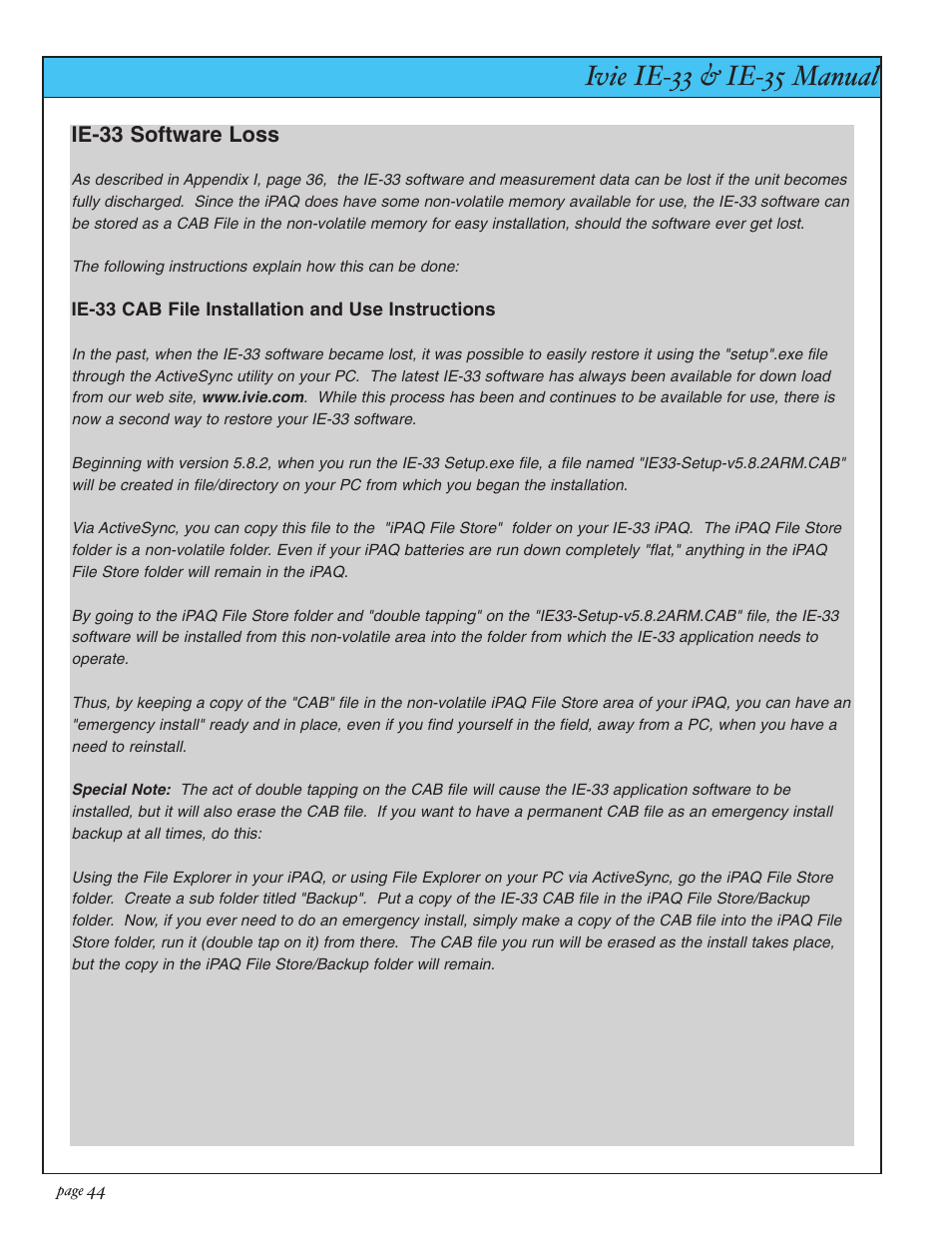 Ivie ie-33 & ie-35 manual, Appendix v: protecting software, Ie-33 software loss | Ivie IE-35 RTA - Real Time Analysis User Manual | Page 44 / 51