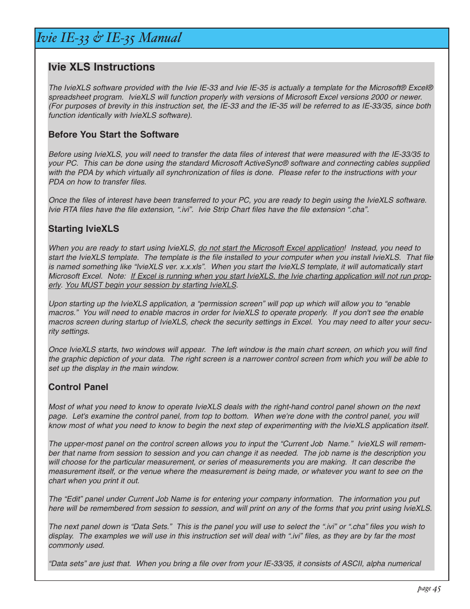 Ivie ie-33 & ie-35 manual, Appendix vi: iviexls, Ivie xls instructions | Ivie IE-35 RTA - Real Time Analysis User Manual | Page 45 / 51