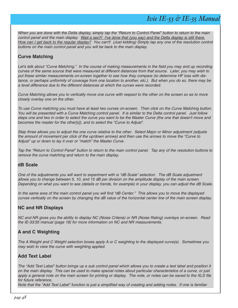 Ivie ie-33 & ie-35 manual, Appendix vi: iviexls | Ivie IE-35 RTA - Real Time Analysis User Manual | Page 48 / 51