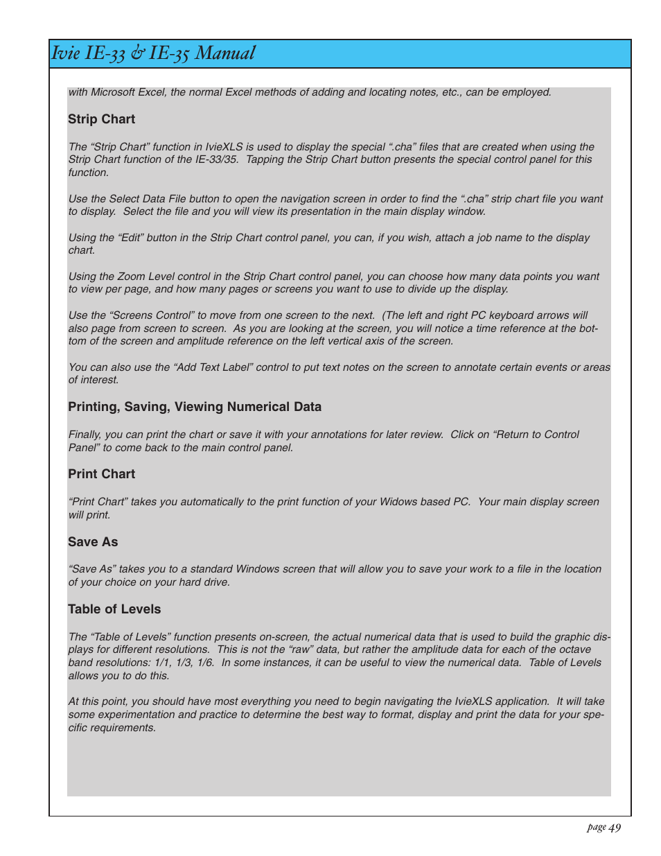 Ivie ie-33 & ie-35 manual, Appendix vi: iviexls | Ivie IE-35 RTA - Real Time Analysis User Manual | Page 49 / 51