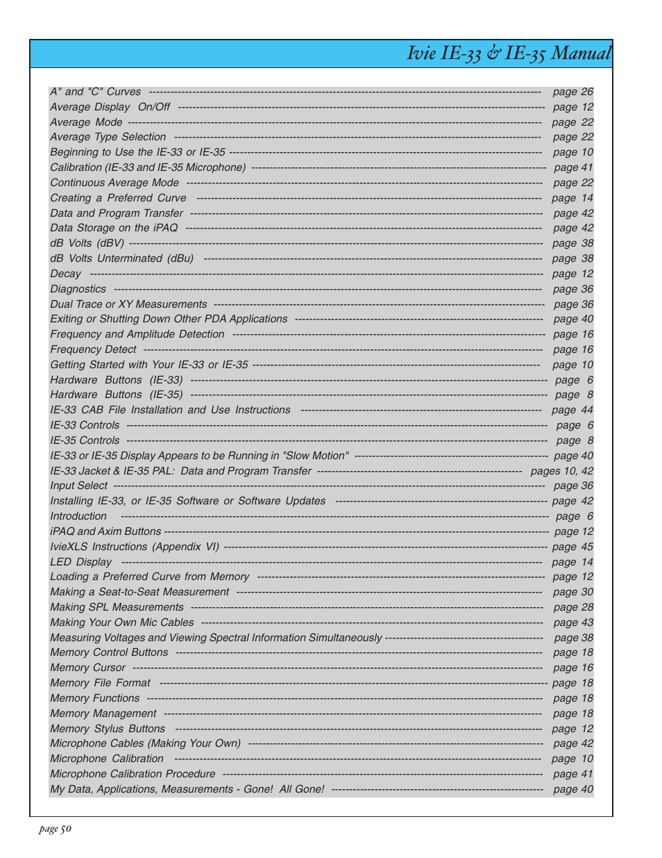 Ivie ie-33 & ie-35 manual, Index | Ivie IE-35 RTA - Real Time Analysis User Manual | Page 50 / 51