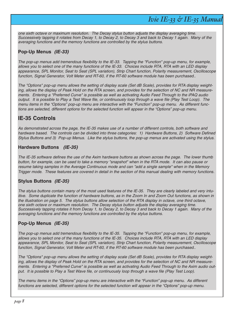 Ivie ie-33 & ie-35 manual, Ie-35 controls | Ivie IE-35 RTA - Real Time Analysis User Manual | Page 8 / 51
