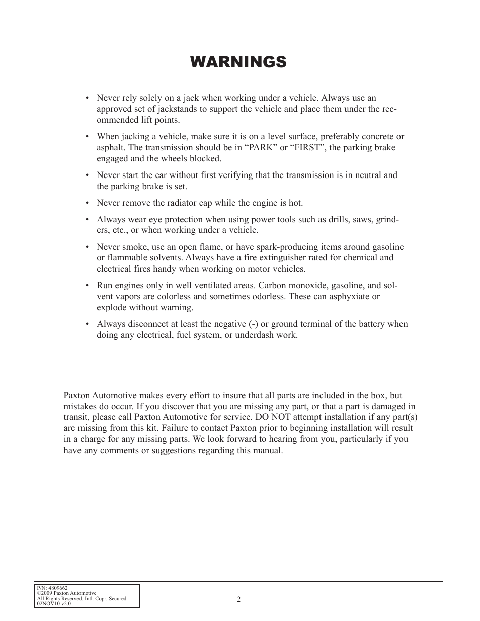 Warnings | Paxton Superchargers Universal Big Block Mopar 440 Carbureted System User Manual | Page 10 / 32