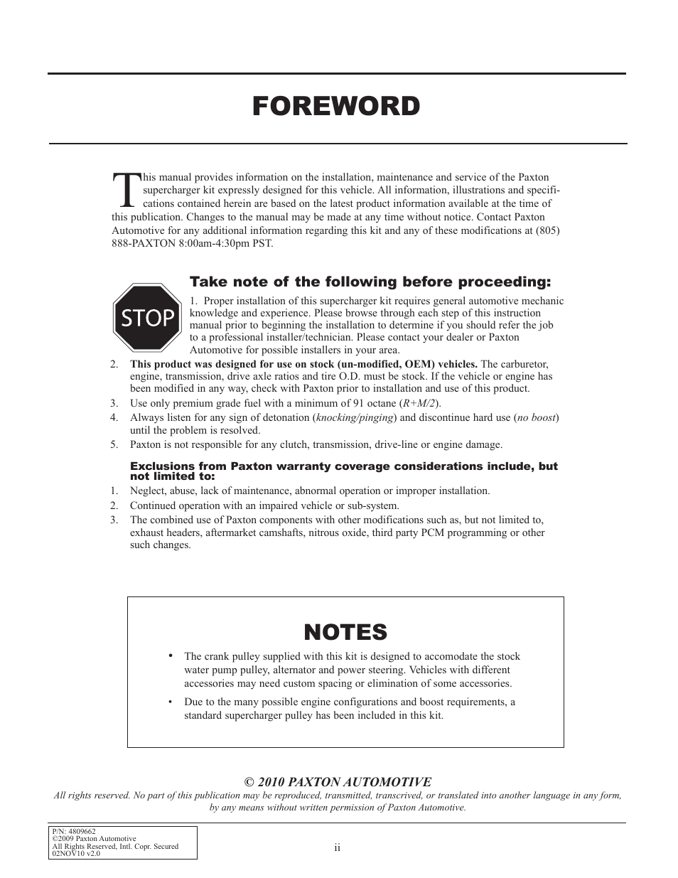 Foreword | Paxton Superchargers Universal Big Block Mopar 440 Carbureted System User Manual | Page 2 / 32