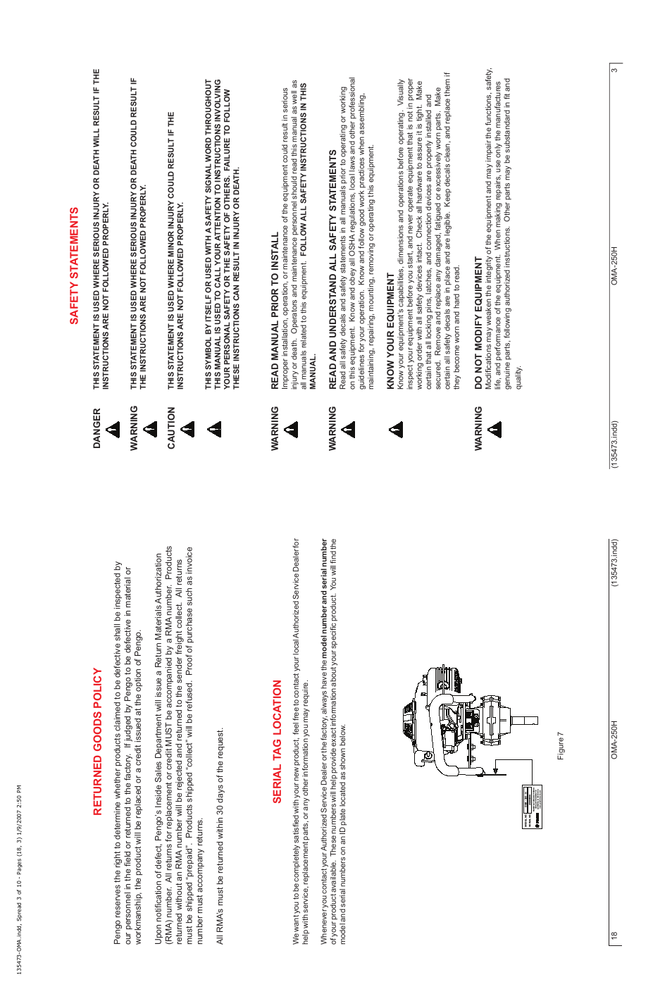 Returned goods policy serial t ag loca tion, Safety st a tements, Read manual prior t o inst all | Read and underst and all safety st a t ements, Know your equipment, Do not modify equipment, Danger w arning caution w arning w arning, Warning | Pengo OMA-250H User Manual | Page 3 / 10