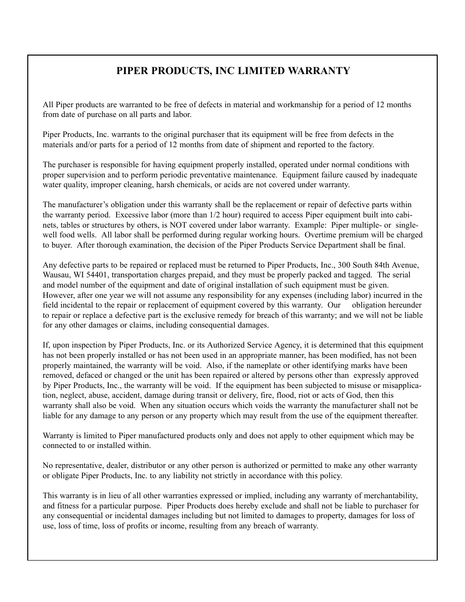 Piper products, inc limited warranty | Piper ICE-60 User Manual | Page 11 / 11