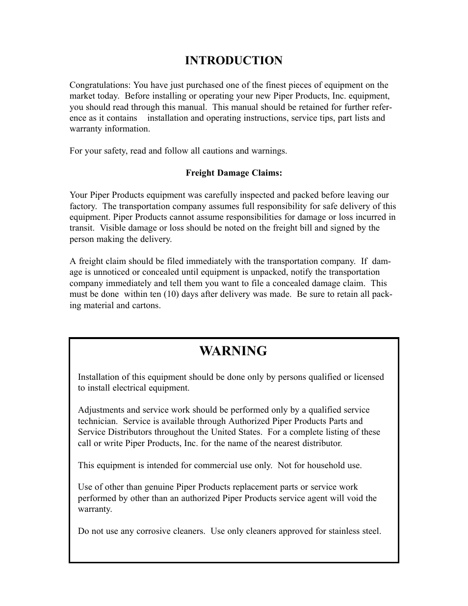 Warning, Introduction | Piper ICE-60 User Manual | Page 2 / 11