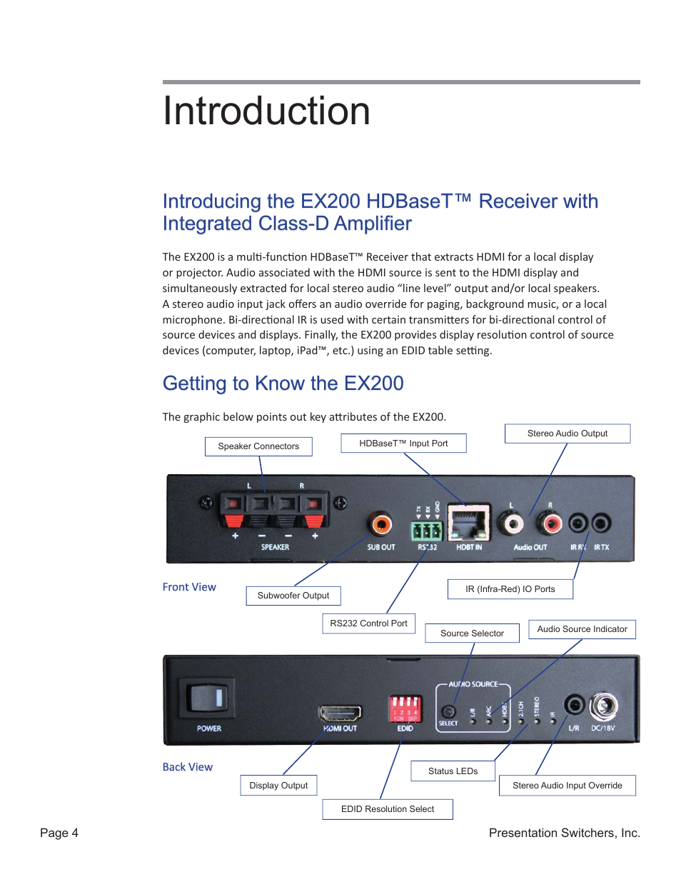 Introduction, Introducing the ex200 hdbaset™ receiver with, Getting to know the ex200 | Presentation Switchers EX200 User Manual | Page 4 / 8