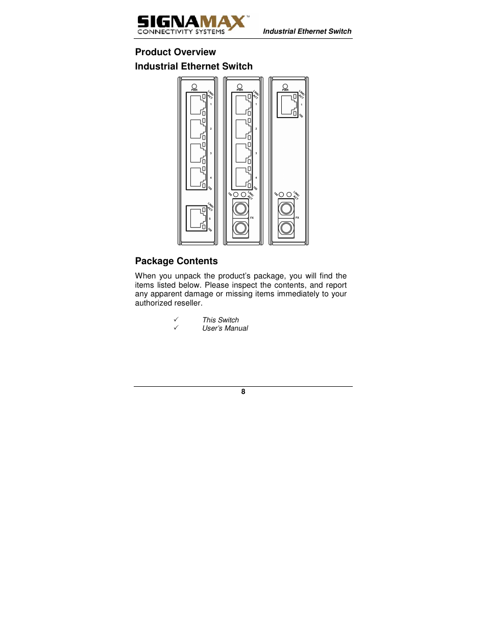 Product overview industrial ethernet switch, Package contents | Signamax 5-Port 10/100 Compact Industrial Unmanaged Switch User Manual | Page 8 / 20