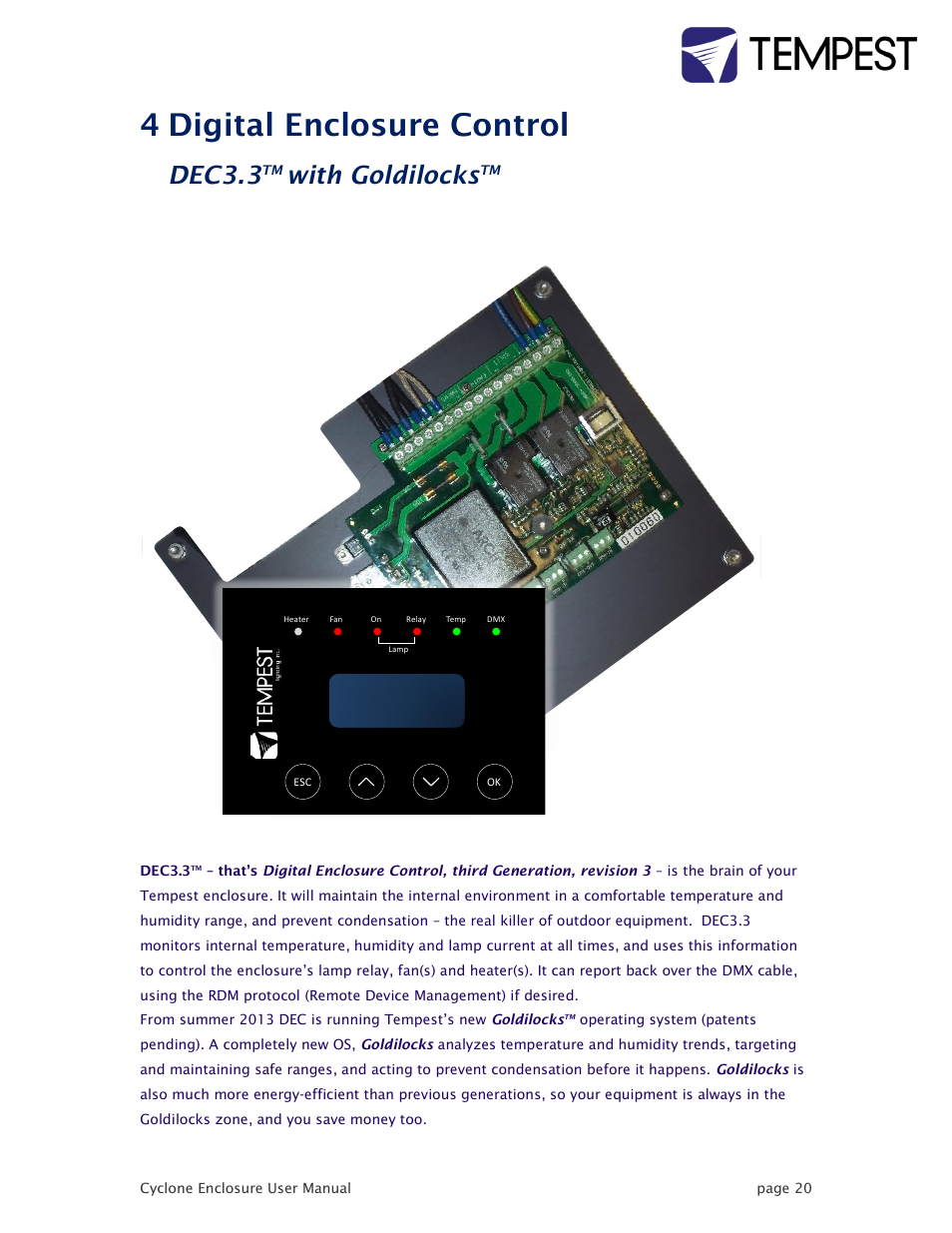 Digital enclosure control dec3.3, With goldilocks, 4 digital enclosure control | Dec3.3 | Tempest Tornado User Manual | Page 20 / 50