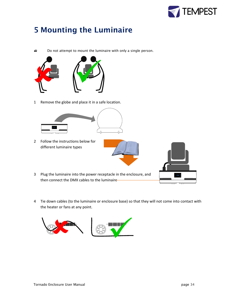 Mounting the luminaire, 5 mounting the luminaire | Tempest Tornado User Manual | Page 34 / 50