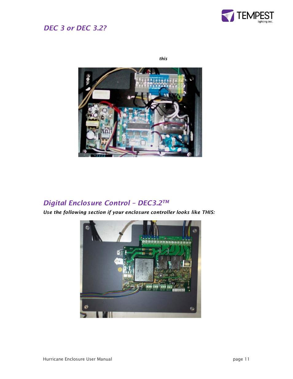 Dec 3 or dec 3.2, Digital enclosure control – dec3.2 | Tempest Hurricane User Manual | Page 11 / 47