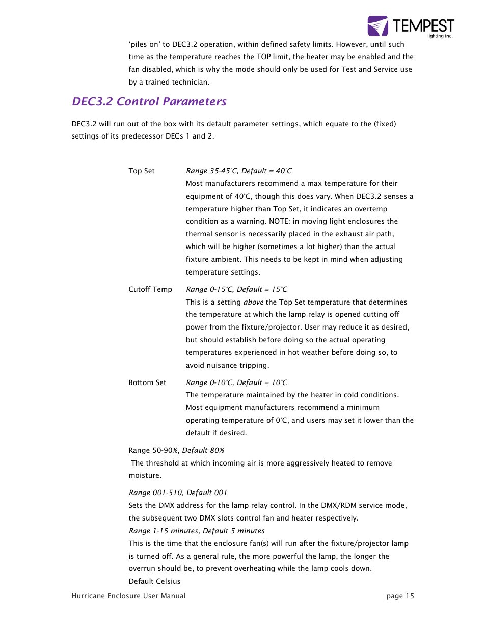Dec3.2 control parameters | Tempest Hurricane User Manual | Page 15 / 47
