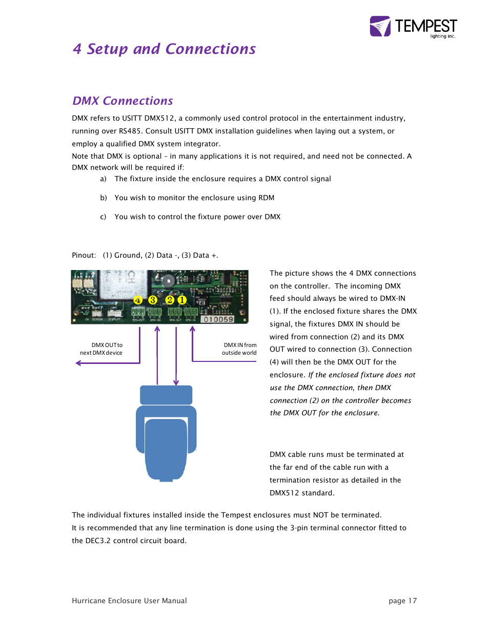 4 setup and connections, Dmx connections | Tempest Hurricane User Manual | Page 17 / 47