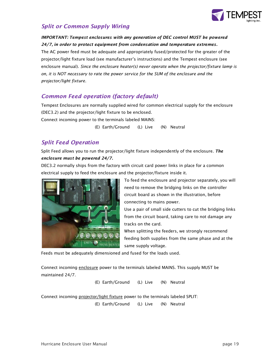 Split or common supply wiring, Common feed operation (factory default), Split feed operation | Tempest Hurricane User Manual | Page 19 / 47