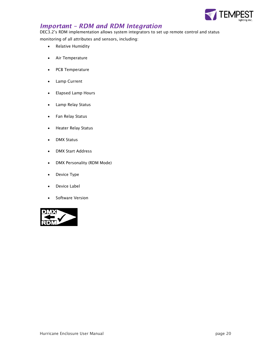 Important – rdm and rdm integration | Tempest Hurricane User Manual | Page 20 / 47