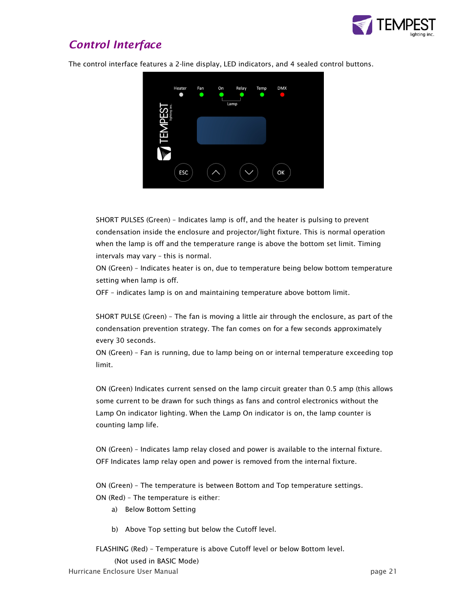 Control interface | Tempest Hurricane User Manual | Page 21 / 47