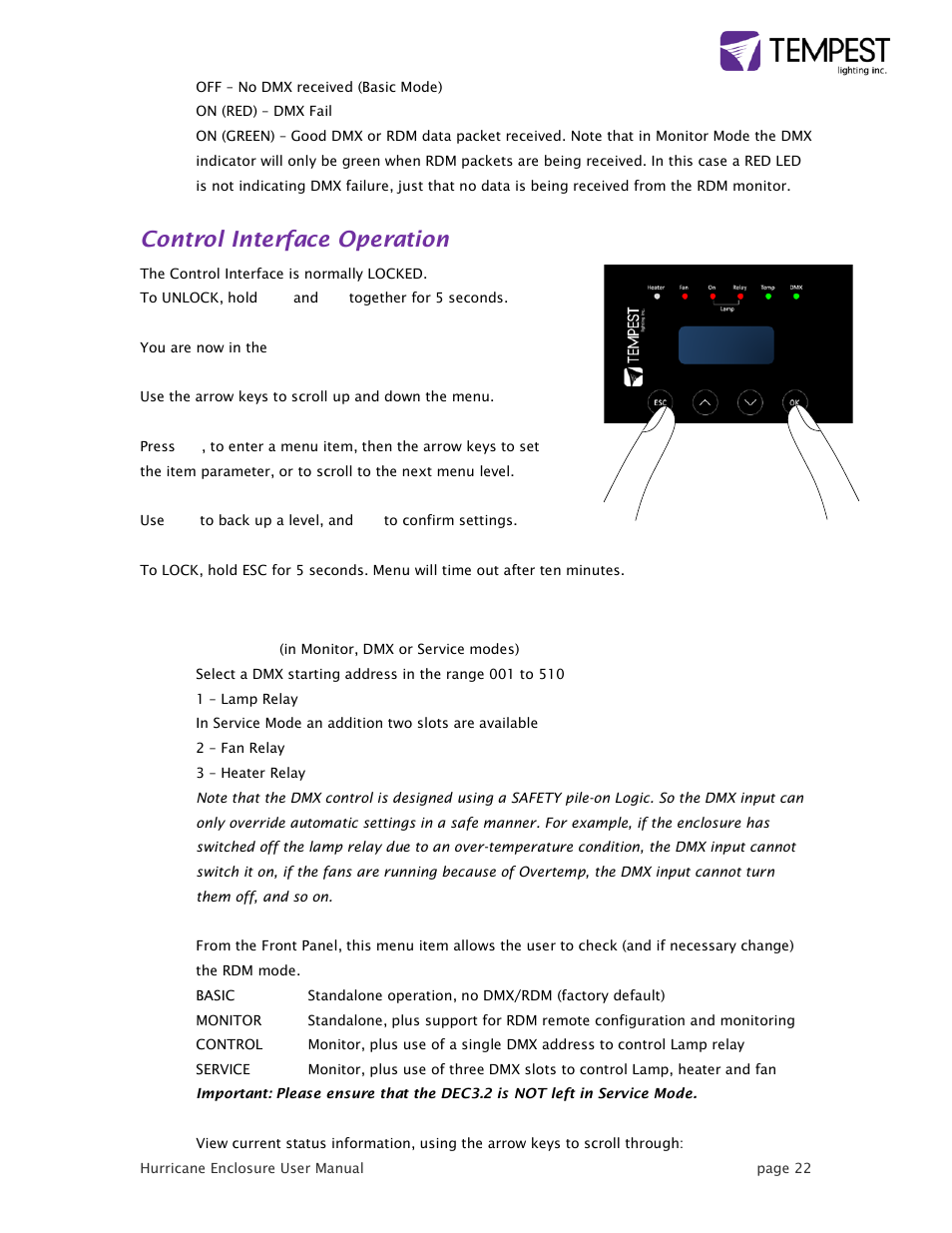 Control interface operation | Tempest Hurricane User Manual | Page 22 / 47