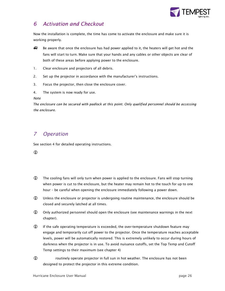 6 activation and checkout, 7 operation | Tempest Hurricane User Manual | Page 26 / 47