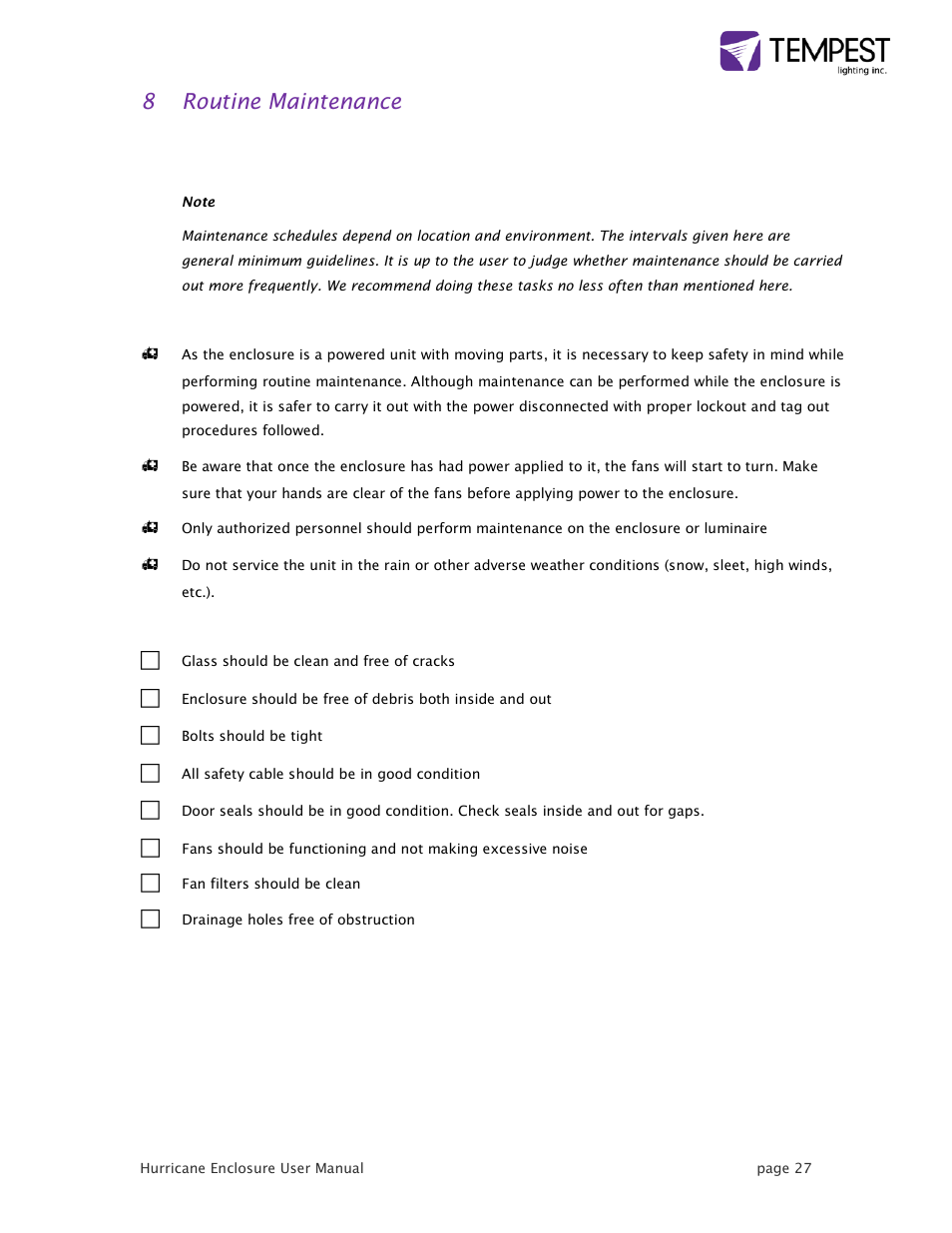 8 routine maintenance | Tempest Hurricane User Manual | Page 27 / 47