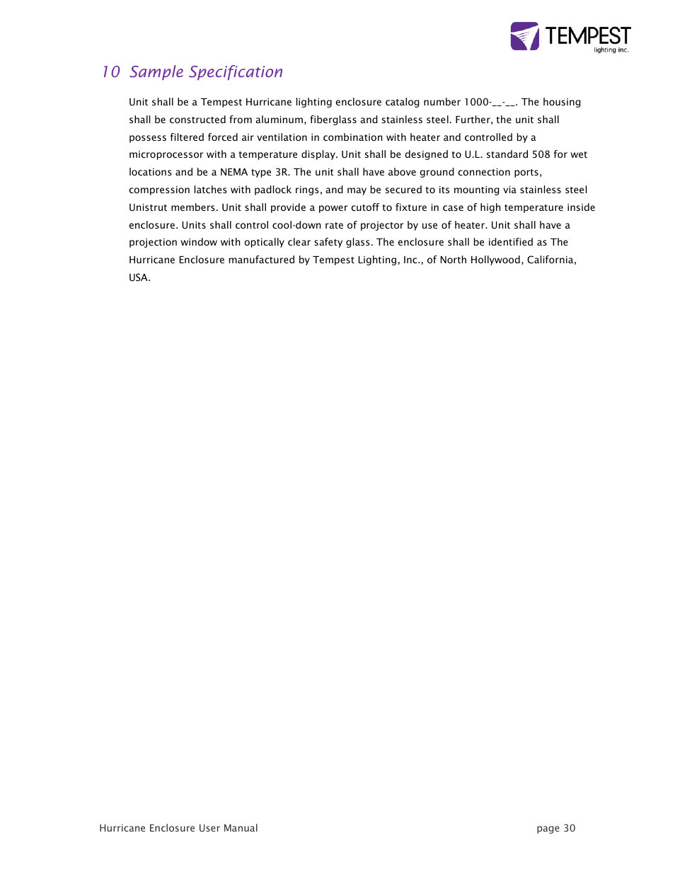 10 sample specification | Tempest Hurricane User Manual | Page 30 / 47