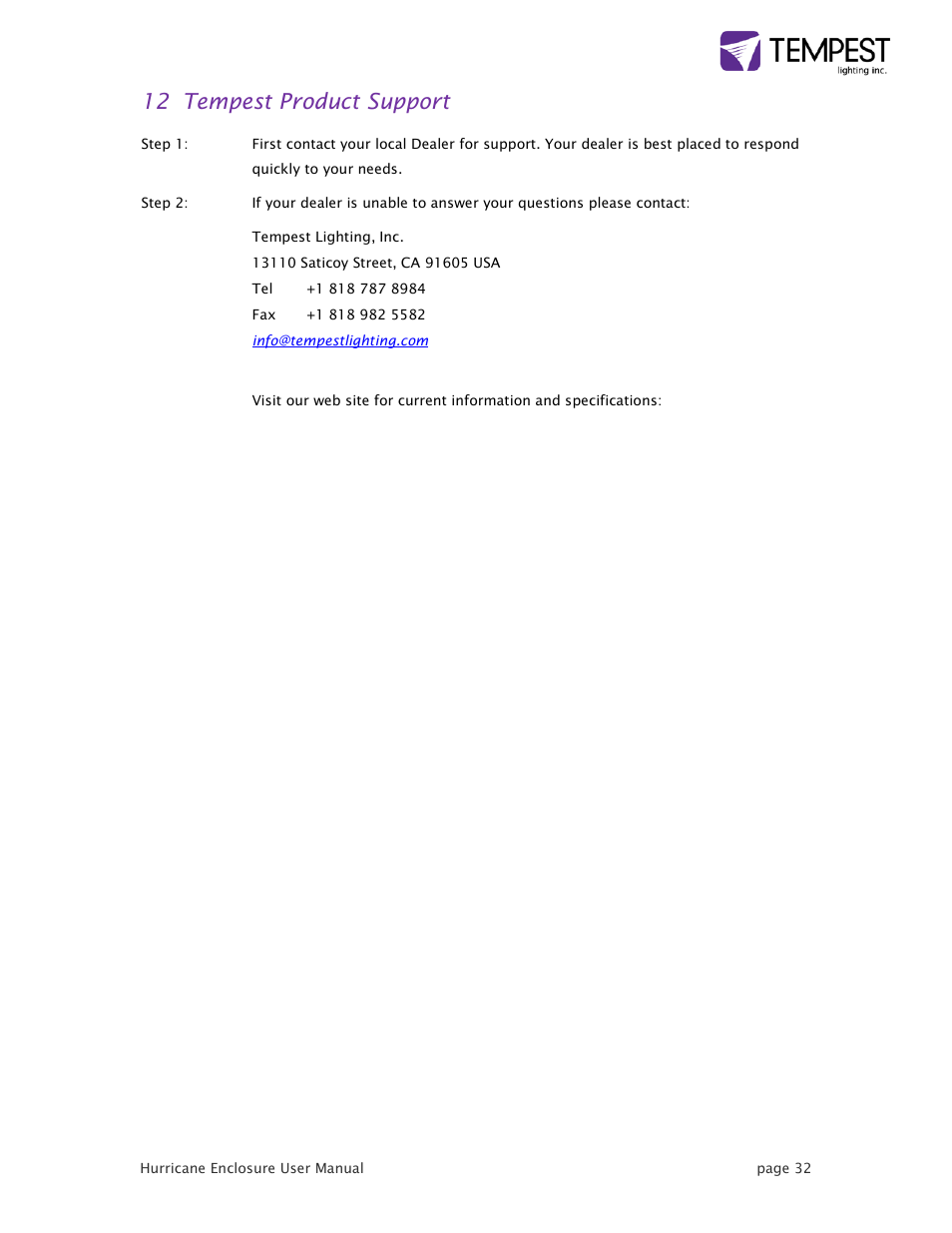 12 tempest product support | Tempest Hurricane User Manual | Page 32 / 47