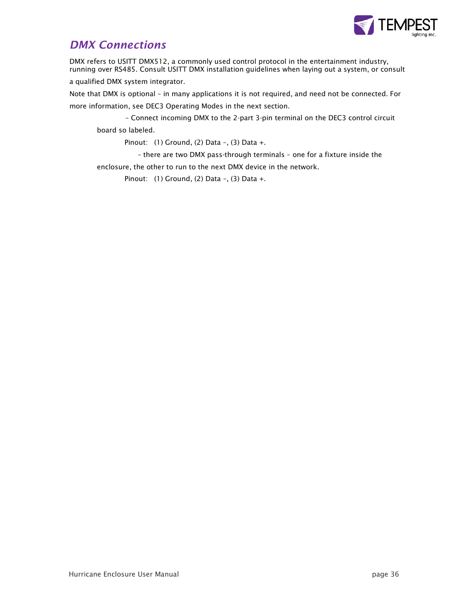Dmx connections | Tempest Hurricane User Manual | Page 36 / 47